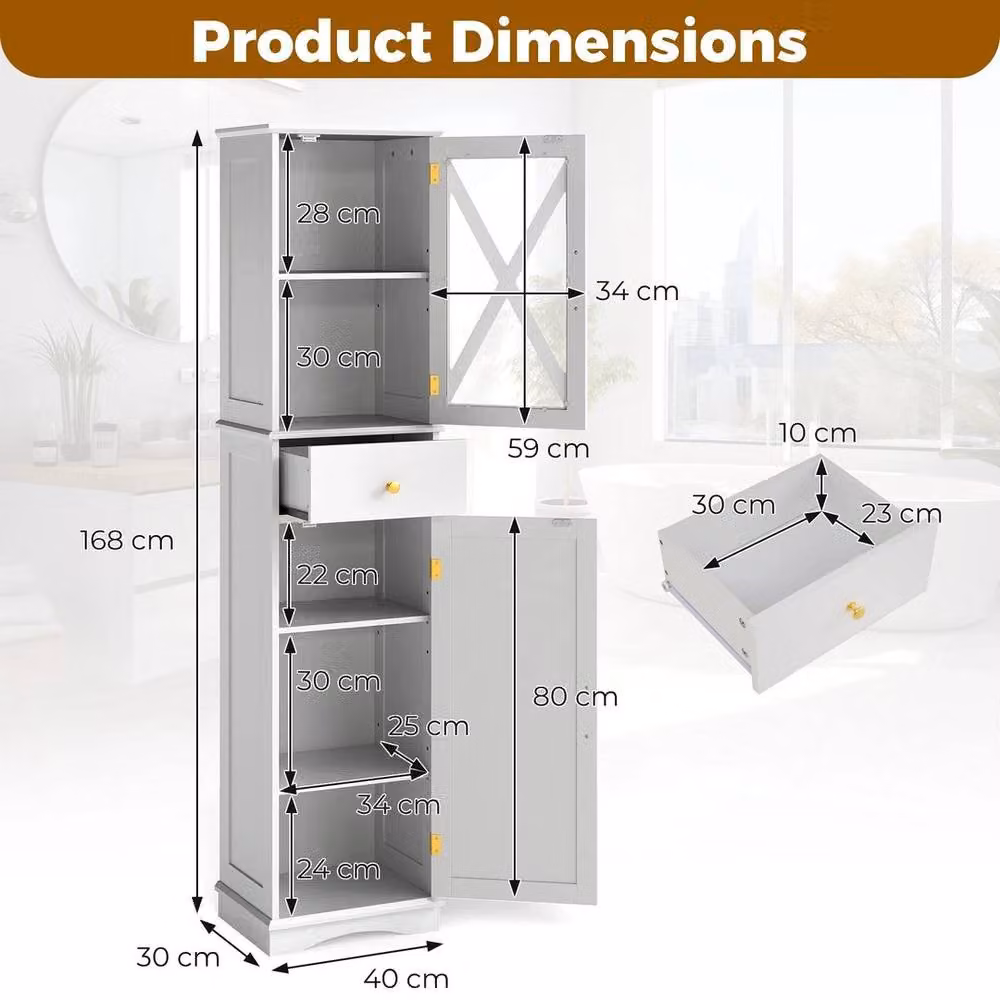 KORVIXA Modern Freestanding Tall Bathroom Linen Tower Storage Cabinet in White with Glass Doors and Internal Shelves – 2