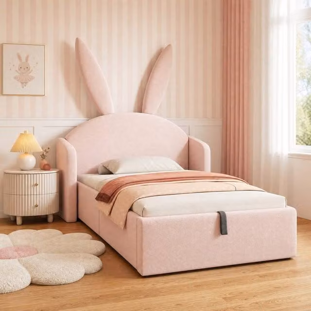 STILVORA Junior 3ft Single Bed Frame with Lift Up Storage in Pink Rose Velvet