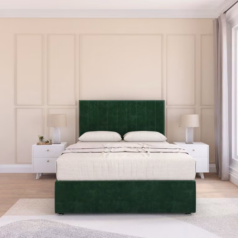 Sloomy Kansas Small Double Divan Bed Base and 26 inch Struts Headboard in Emerald Green Velvet