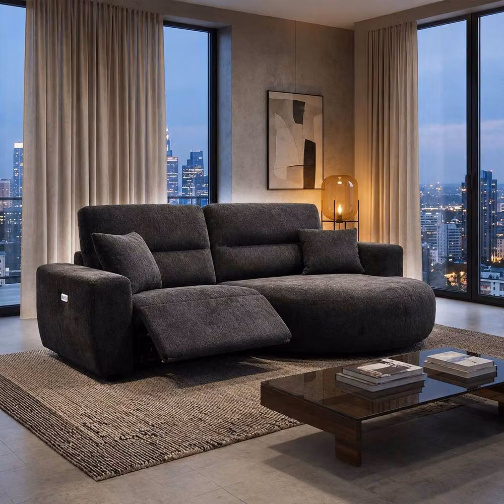 Furnishings For Less UK Denton Black Right Hand Electric Recliner Chaise Sofa in Chenille Fabric – 2