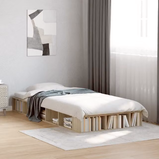 Berkfield Home Single Bed Frame in Sonoma Oak Brown with Side Compartments, W/D/H: 90 x 190 cm