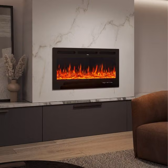 Livingandhome Black Recessed or Wall-Mounted Rectangular Electric Fireplace, Width: 102 cm