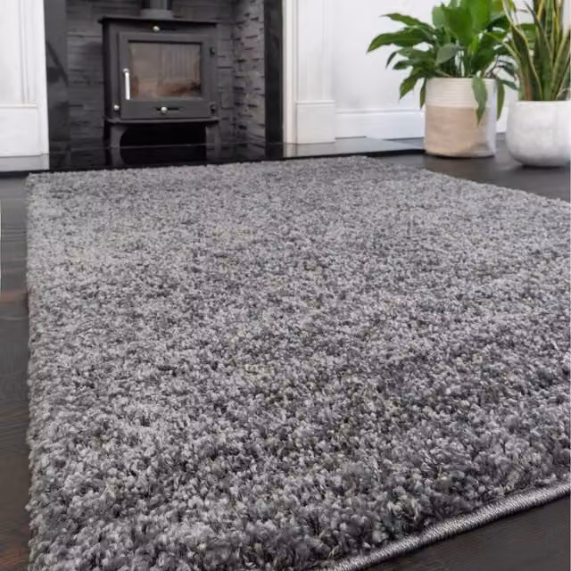 The Rug House Modern Plain Grey Rectangular Shaggy Pile Area Rug W: 80 cm, D: 50 cm