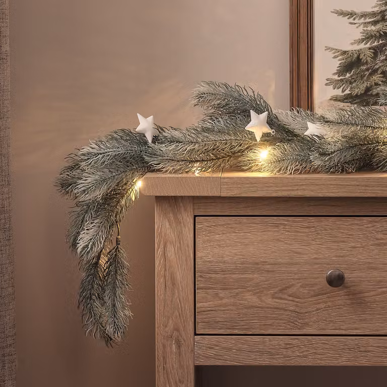 1.5m Pre Lit Frosted Pine and Star Christmas Garland with Warm White LED Lights and Timer, Green and Silver