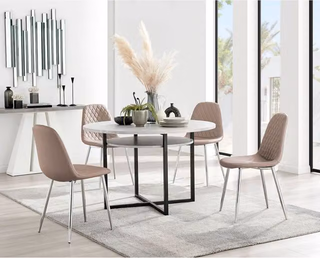 FurnitureboxUK Adley Round Grey Concrete Effect Dining Table and 4 Corona Silver Faux Leather Chairs