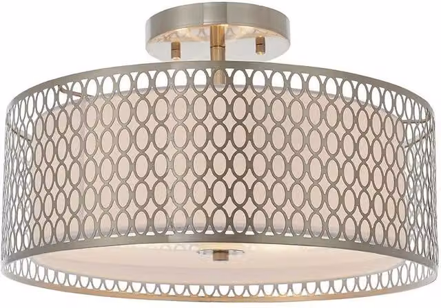 Loops Modern Round Geometric Low Ceiling LED Lamp Shade in Silver and White Glass and Fabric, W: 43 cm, D: 43 cm, H: 26 cm