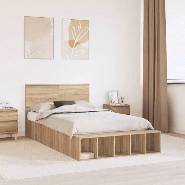 Berkfield Home Bed Frame with Bedside Shelf in Sonoma Oak, Brown, W/D/H: 120 x 200 cm – 1