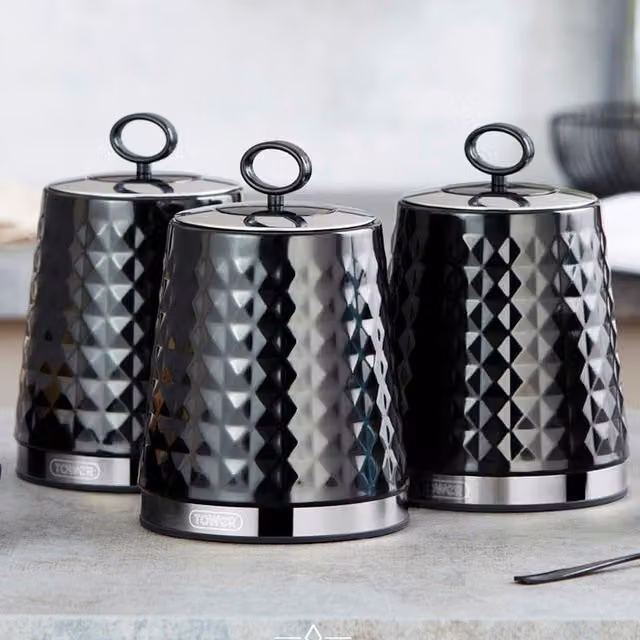 Tower Solitaire Set of 3 Solid Black Stainless Steel Canisters