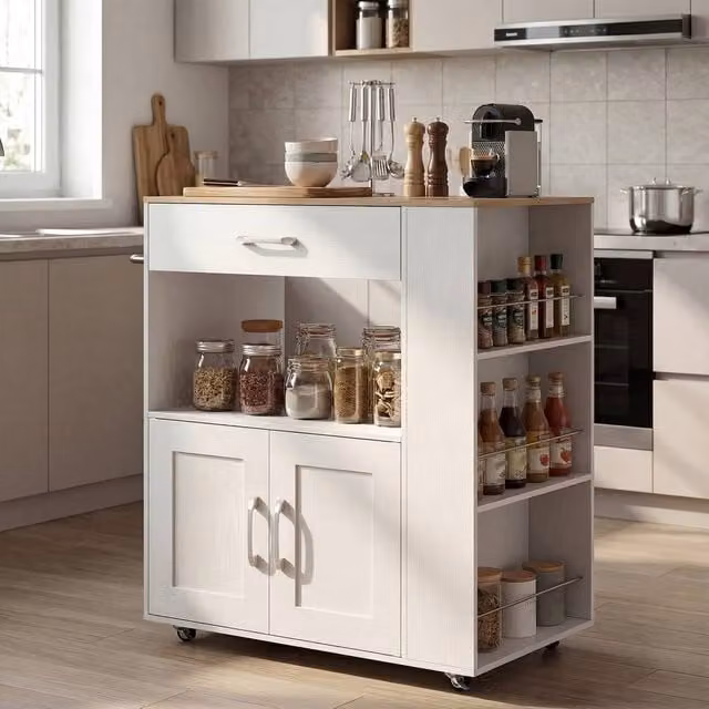 Costway Mobile Wooden Kitchen Island Cart with Cabinet and Spice Racks in White – 1
