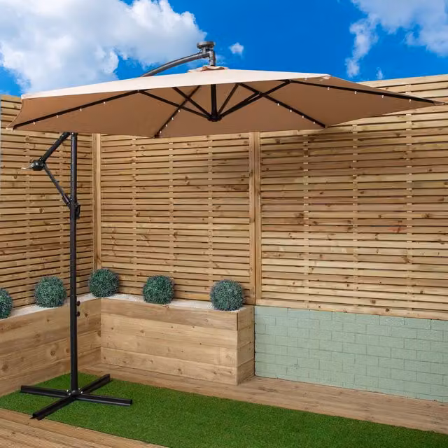 Samuel Alexander 3m Solar Powered Beige Cantilever Garden Parasol with White LED Lights and Crank Handle