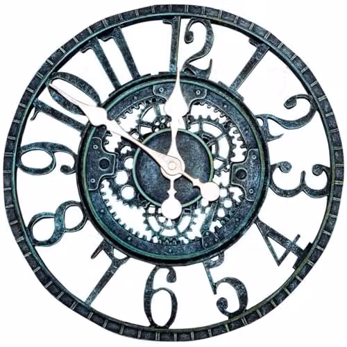mysmartbuy Vintage Open Face Indoor or Outdoor Skeleton Wall Clock with Cog and Wheel Design, Green or Bronze, Diameter: 30 cm – 2