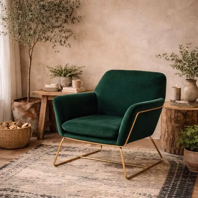 Wyld Haus Marseille Forest Green Velvet Armchair with Gold Metal Legs – 1