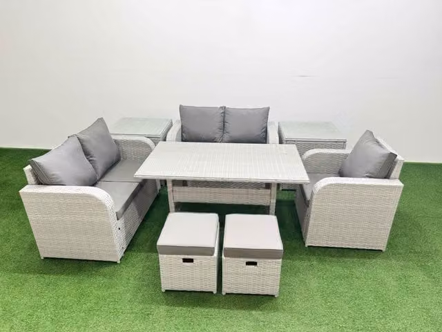 Fimous Grey Poly Rattan Garden Furniture Set with Reclining Chair, Loveseat Sofa, Rectangular Dining Table, 2 Stools and 2 Side Tables