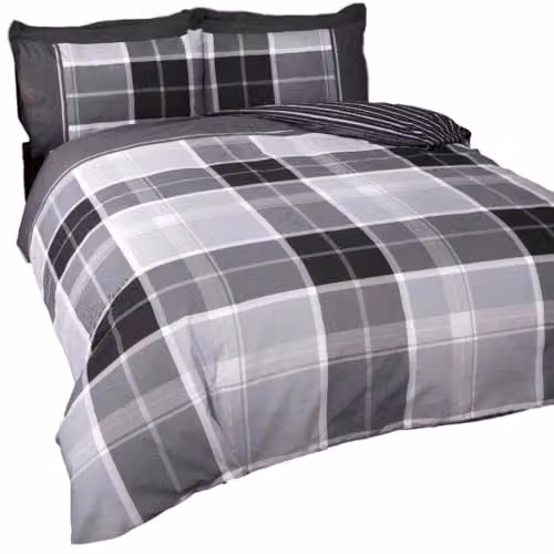 Rapport Home Argyle Tartan Check Polycotton Duvet Cover Set in Grey, Reversible with Two Pillowcases, W/D/H: 200 x 200 cm and 50 x 75 cm
