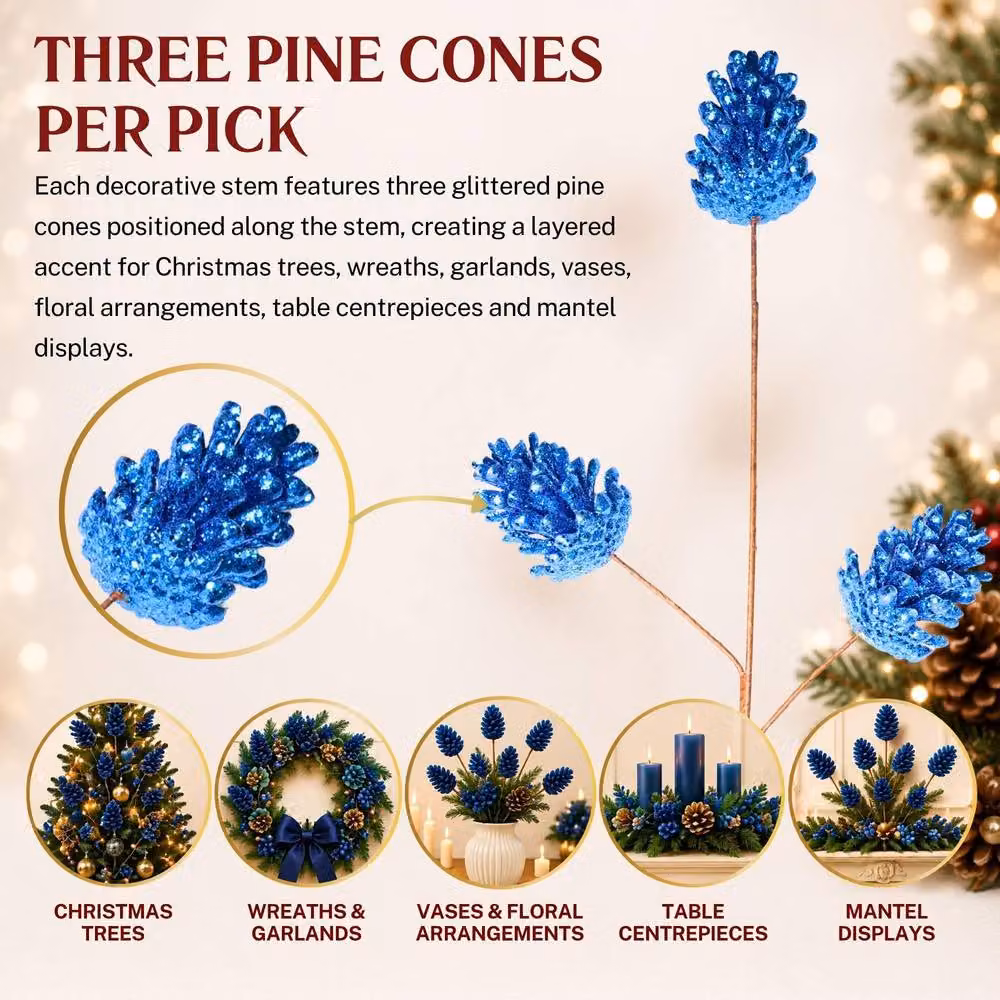 Shatchi Glitter Dark Blue Pine Cone Christmas Picks, 12 Pack, Height: 58 cm – 5