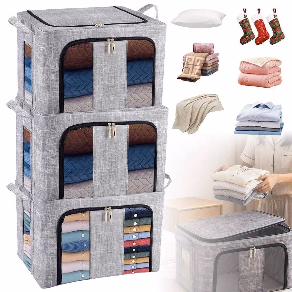FORGEVIO 3 Pack Foldable Fabric Clothes Storage Boxes, 66L, Grey – 3