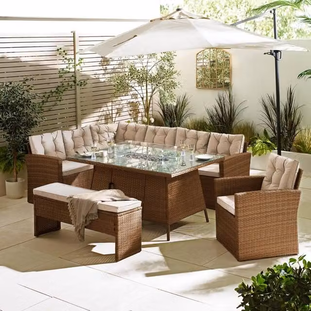 FurnitureboxUK Marbella 9 Seat Rattan Firepit Table Garden Dining Set in Beige – 1
