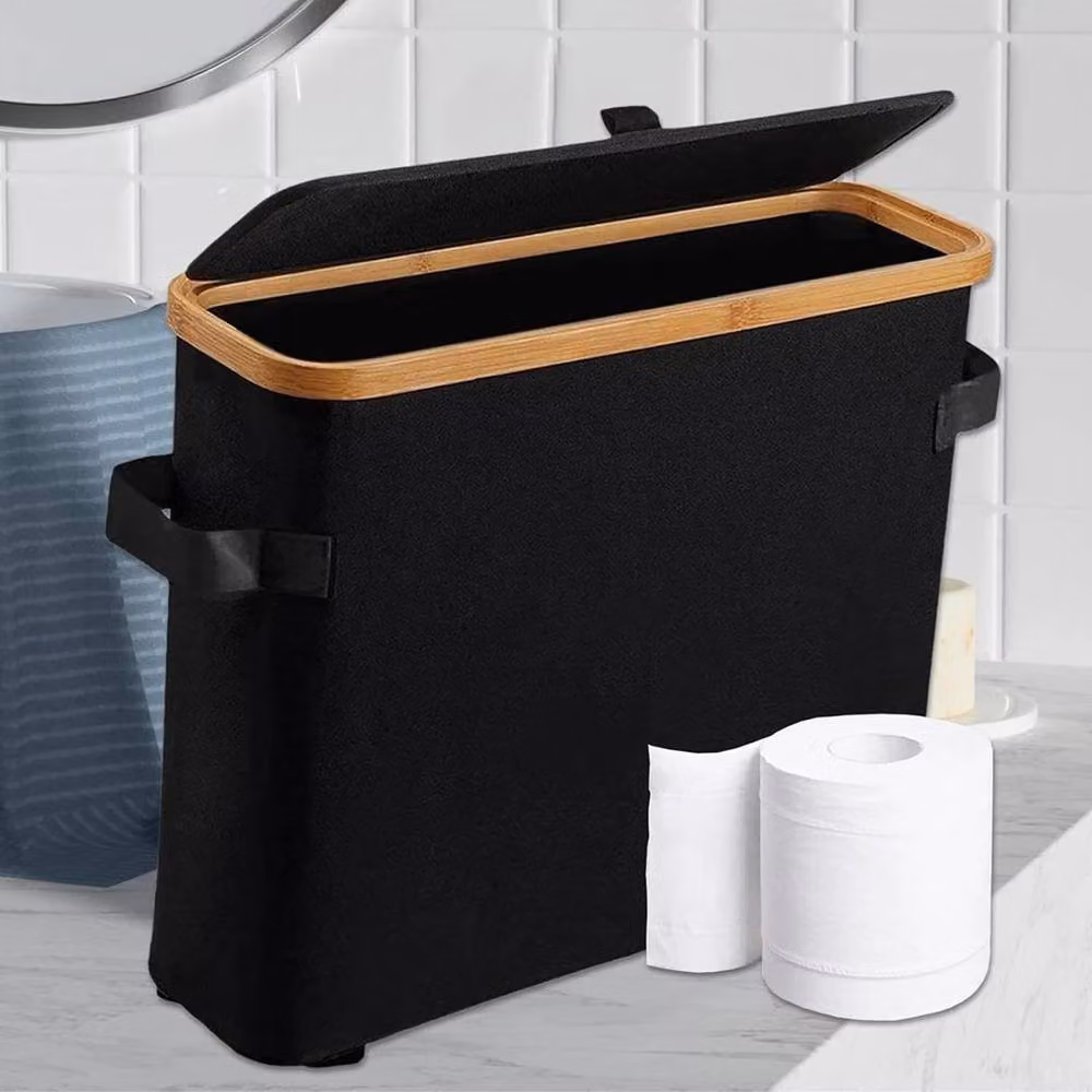 KORVIXA Waterproof Bamboo Toilet Paper Storage Basket with Lid in Black – 3