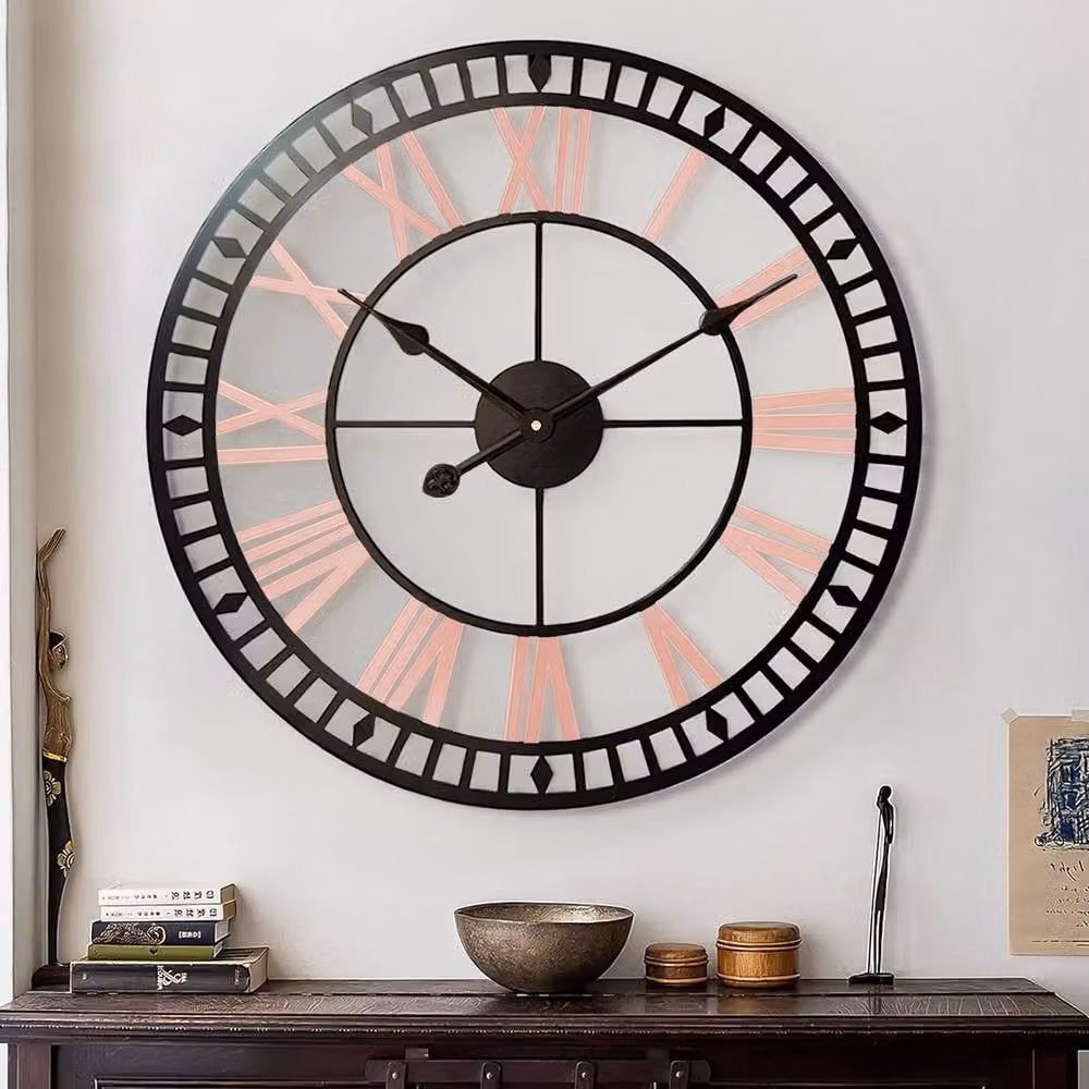 PAWNORA Retro Round Metal Outdoor Garden Wall Clock in Black and Pink – 3
