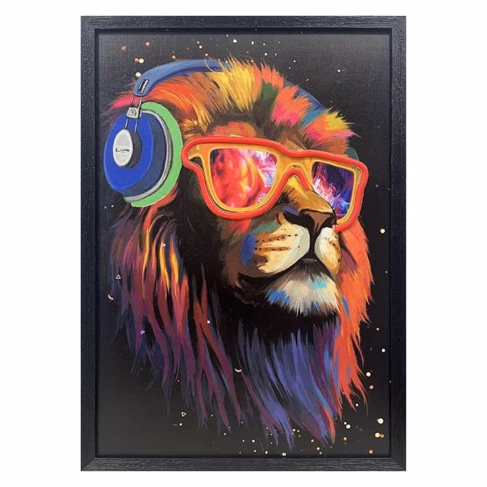 HOME LUXE INTERIOR Rave Lion Neon LED Canvas Wall Art, Multicolour, W: 40 cm, H: 60 cm – 3