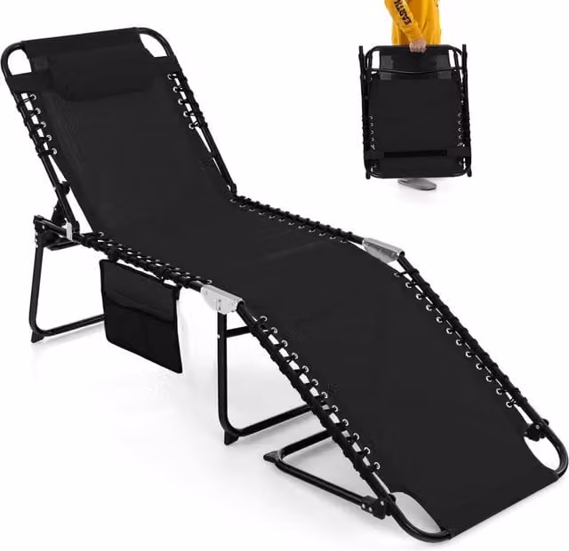 Costway Black Folding Patio Chaise Lounge Chair with Adjustable Headrest and Textilene Fabric – 1