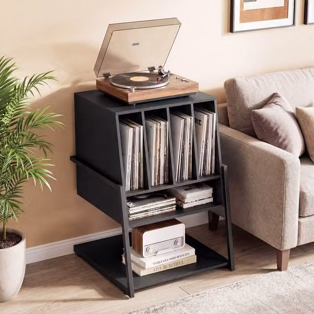Costway Modern Black Record Player Stand with Charging Station and Vinyl Holder – 1