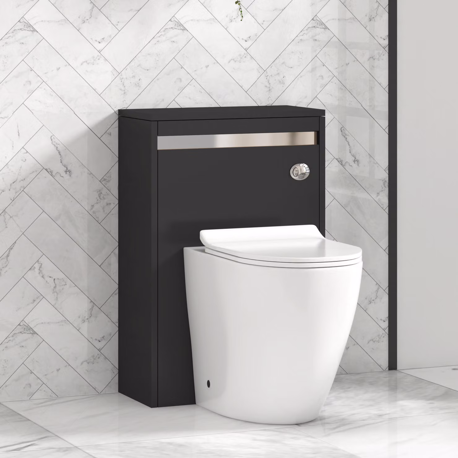 Royal Bathrooms Orion 540mm Matt Obsidian Black BTW WC Unit with Elva Rimless Short Projection Ceramic Toilet Pan, Slim Soft Close Seat and Cistern with Chrome Accent Trim