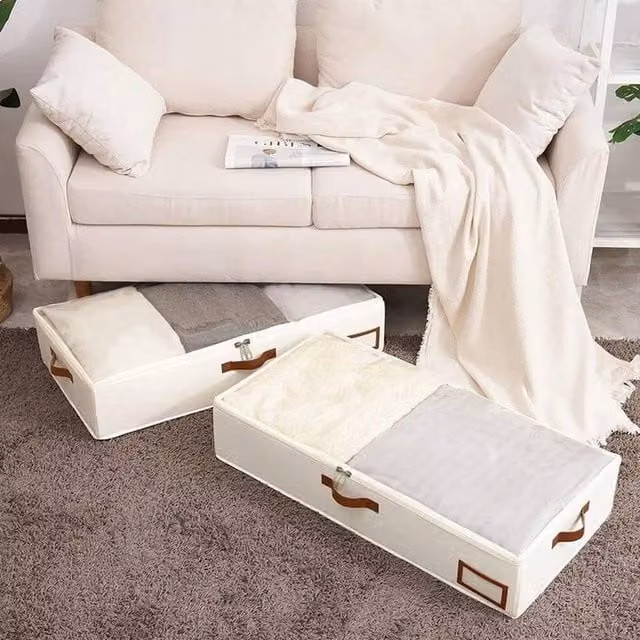 EONLION Sturdy Fabric Clothes and Quilt Storage Box with Handles, Beige, W: 50 cm x D: 45 cm x H: 15 cm