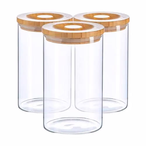 Argon Tableware Scandi Airtight Glass Storage Jars with Solid Wood Lids, 1 Litre, 3 Pack, Transparent