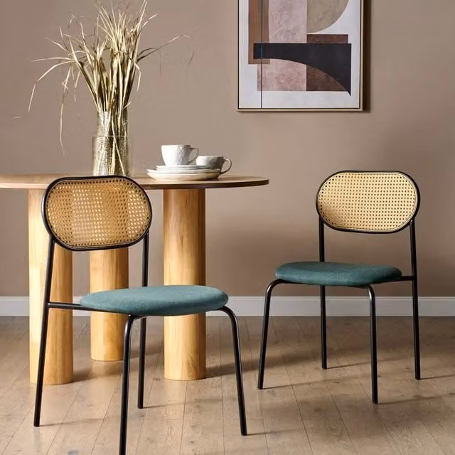 Wyld Haus Set of 2 Retro Viennese Dining Chairs with Green Fabric Seats and Black Iron Frames