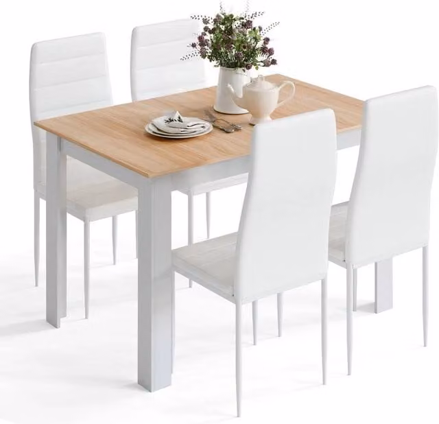 PAWNORA 5-Piece Modern Dining Table Set with Rectangular Oak Table and White Chairs
