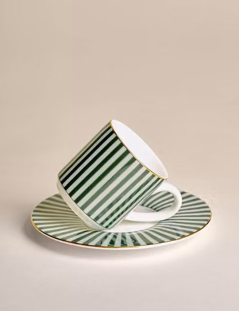 M&S Hampton Striped Green Ceramic Espresso Cup and Saucer Set
