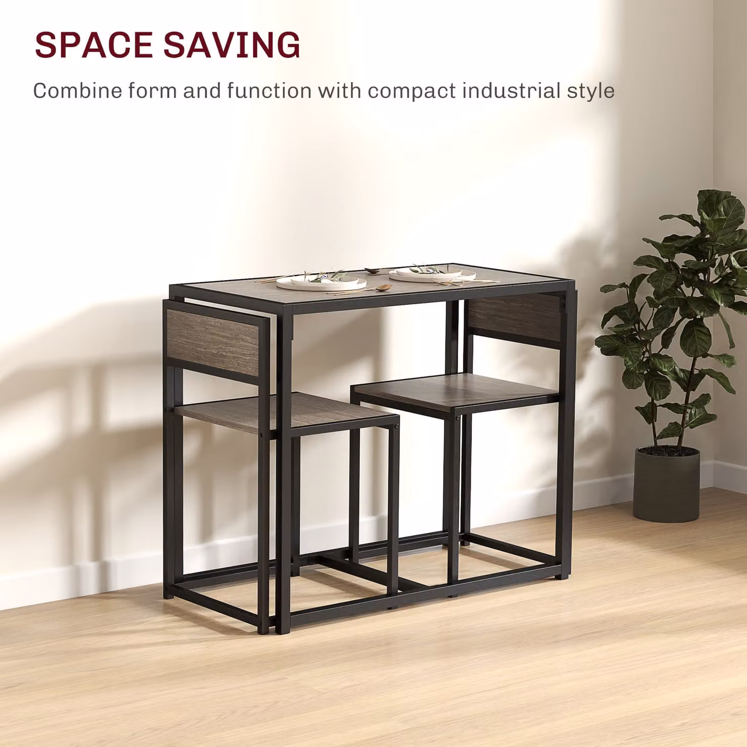 HOMCOM Grey Dining Table and 2 Chairs Set with Rectangular MDF Table and Steel Frame – 3