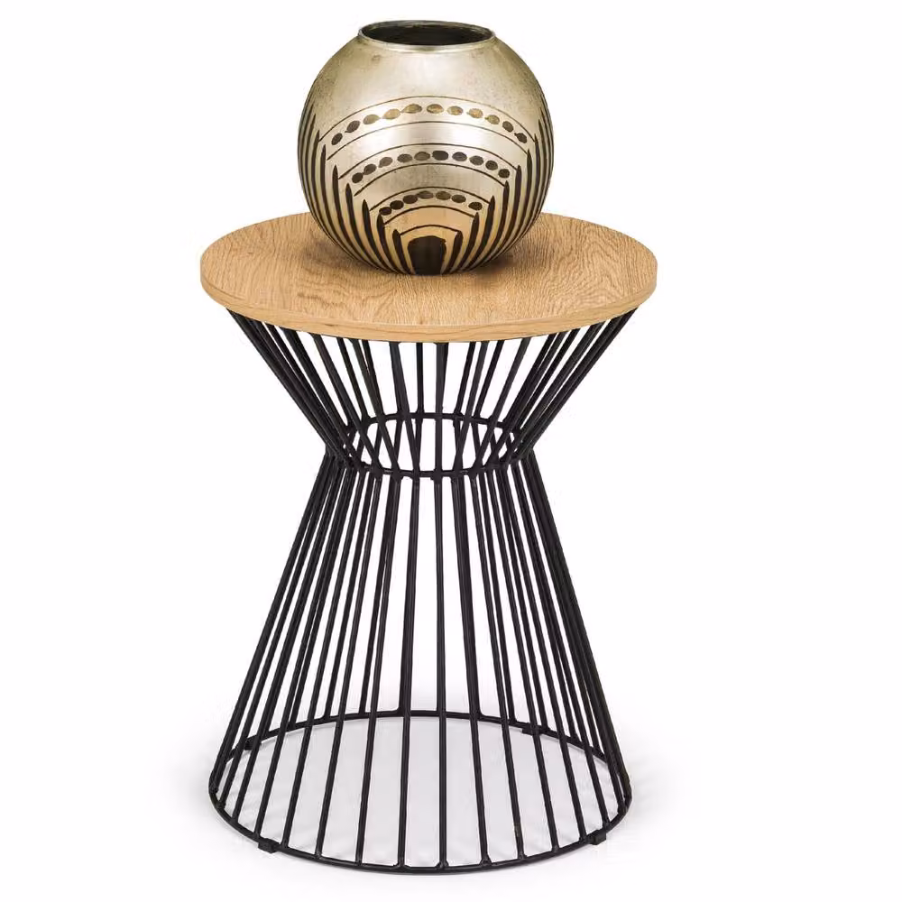 Cheshire Carloway Round Wire Lamp Table in Euro Oak, Black and Beige – 2