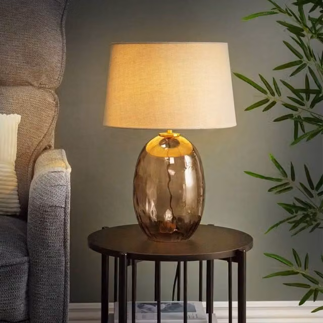 Wyld and Coco Smoked Glass Table Lamp with Grey Fabric Drum Shade – 1