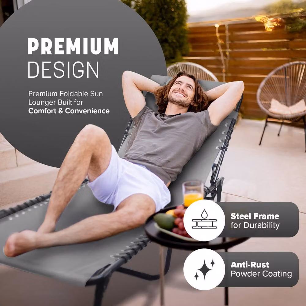 Keplin Foldable Recliner Sun Lounger in Grey with Adjustable Headrest and Leg Rests, W/D/H: 190 x 65 x 30 cm – 6