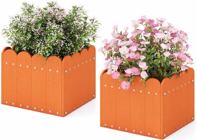 Costway HDPE Rectangular Elevated Planter Box in Brown and Orange