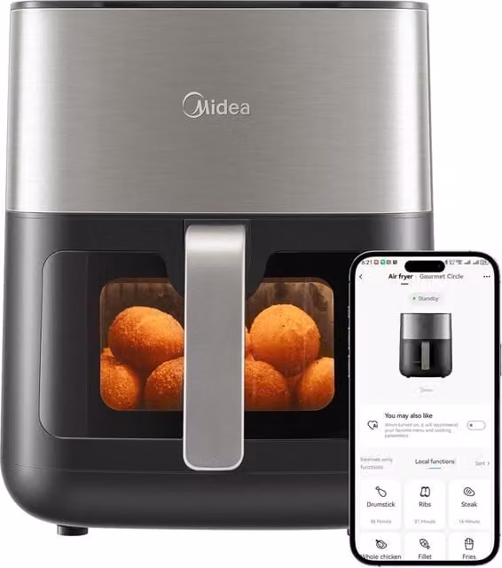 Livingandhome 6L Air Fryer with Upper and Lower Double Tube Heating and App Control, Black and Silver