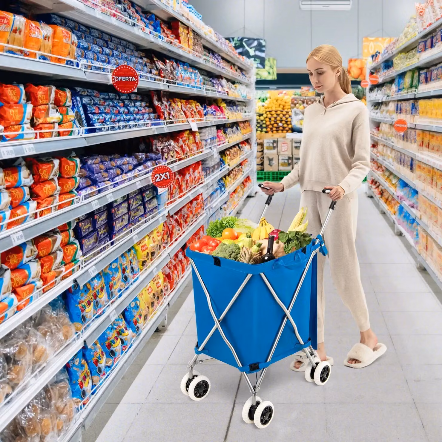 Costway 90L Folding Waterproof Grocery Shopping Cart in Blue – 2