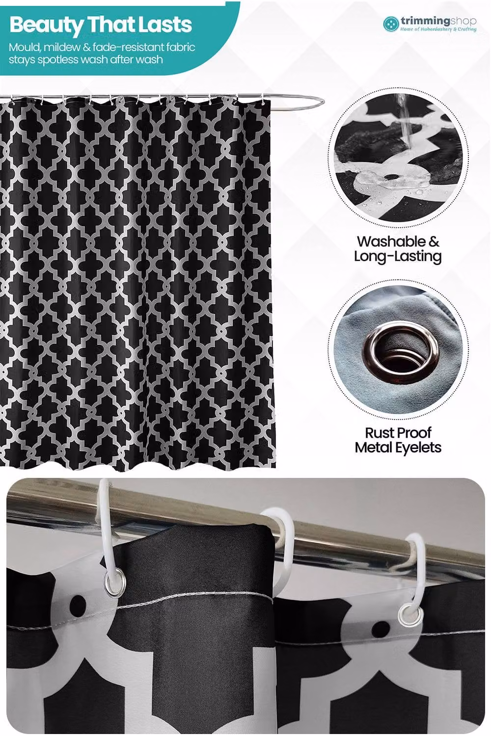 Neel Blue Trellis Black Polyester Shower Curtain with 12 Hooks, W: 180 cm, H: 180 cm – 4