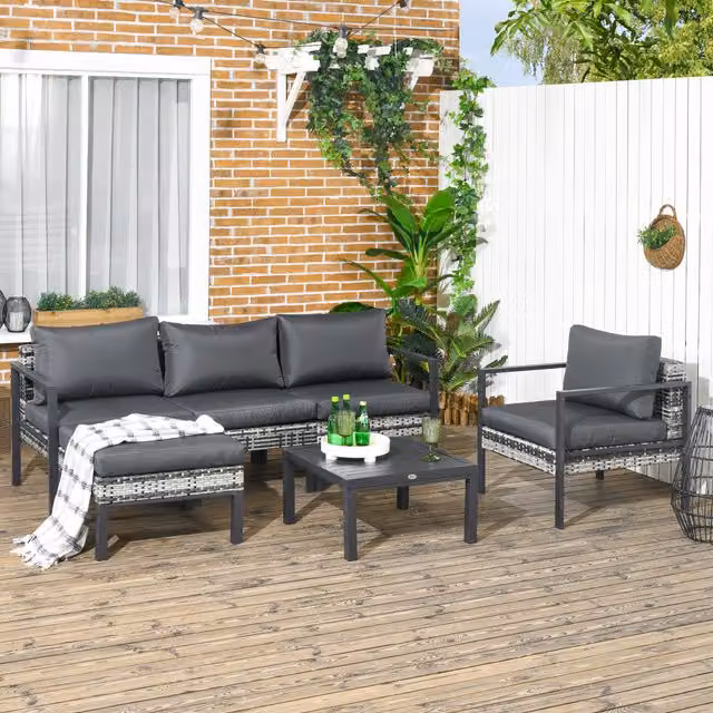 Outsunny Modern Rattan Outdoor Patio Sofa Set with Table, Cushions and Stool in Charcoal Grey