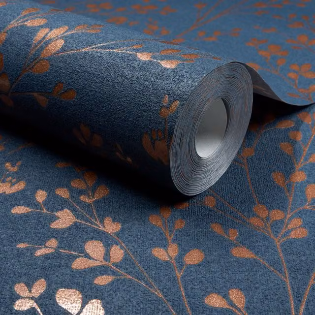 Grandeco Calluna Delicate Metallic Sprig Blown Vinyl Wallpaper, Blue