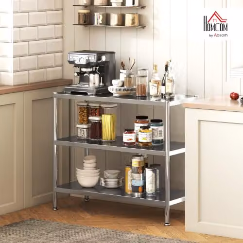 HOMCOM 3-Tier Metal Bakers Rack with Adjustable Shelves in Silver Tone, W: 91 cm, D: 40 cm, H: 77 cm – 3