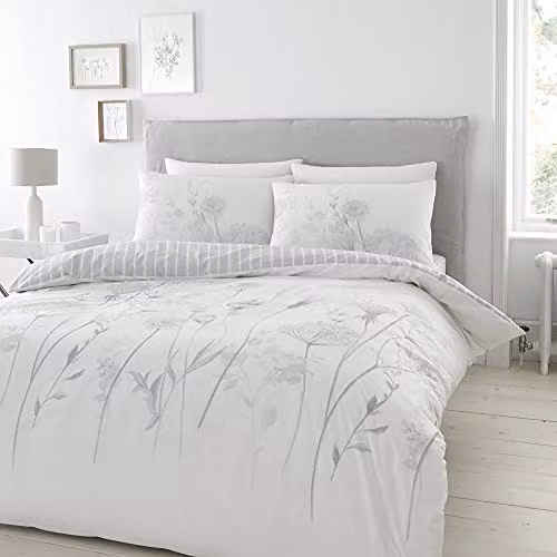 Catherine Lansfield Meadowsweet Floral Reversible Double Duvet Cover and Pillowcase Set in White and Grey