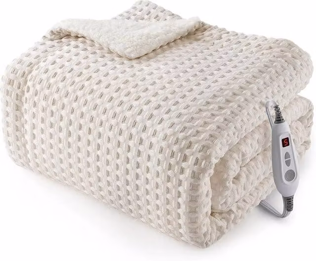 VOGREX Heated Electric Blanket Throw in Beige with Waffle Knit and Fleece and Auto Shut-Off Timer – 1