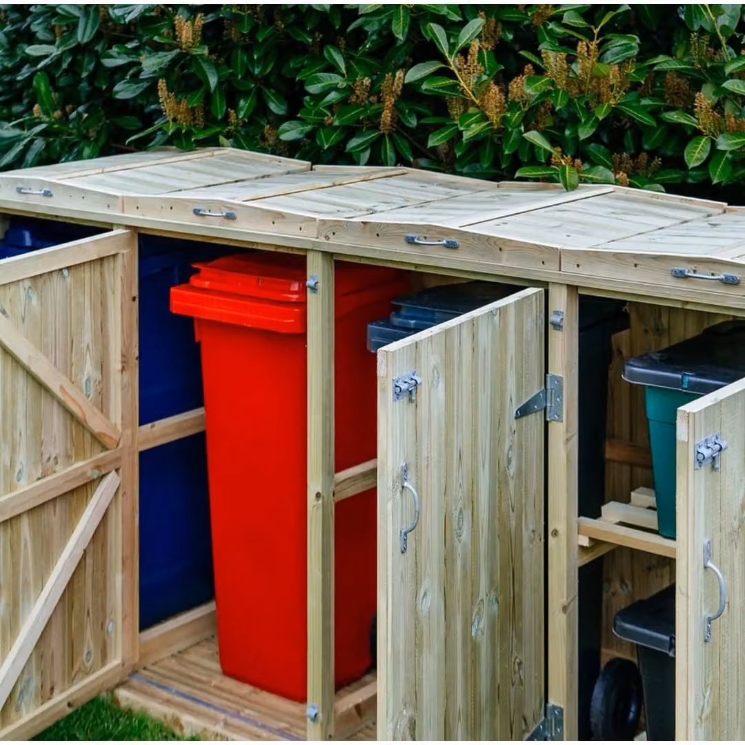 Buttercup Farm Shireburn Bin Store in Brown, Fits 3x 180L/240L Wheelie Bins and 4x Boxes, W/D/H: 330 x 148 x 120 cm – 2