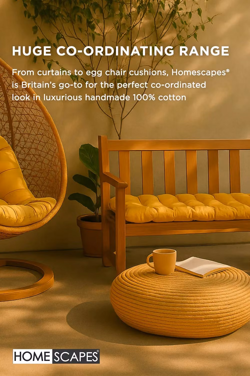 Homescapes Mustard Yellow 3 Seater Garden Bench Cushion, W: 143 cm, D: 48 cm – 3