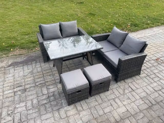 Fimous 6 Seater Grey Wicker PE Rattan Garden Dining Set with Rectangular Glass Top Table, Double Seat Sofa and 2 Small Footstools