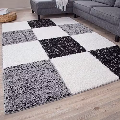 THE RUGS Modern Grey Checked High Pile Shaggy Area Rug, W/D: 110 x 60 cm