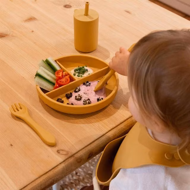 Tiny Dining Baby Silicone Divided Suction Plate with Fork and Spoon Set in Yellow
